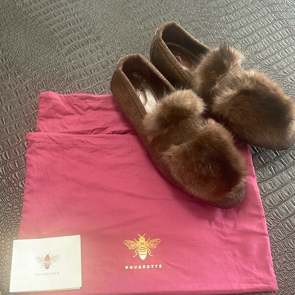 BOUGEOTTE Brown Sable FurTop Loafer Flats Size 39 1/2 Real Fur & Tweed Cashmere